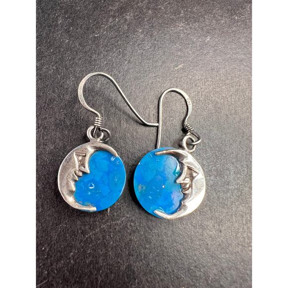 Vintage Sterling Silver Crescent Moon Blue Stone Dangle Earrings - Picture 6 of 8